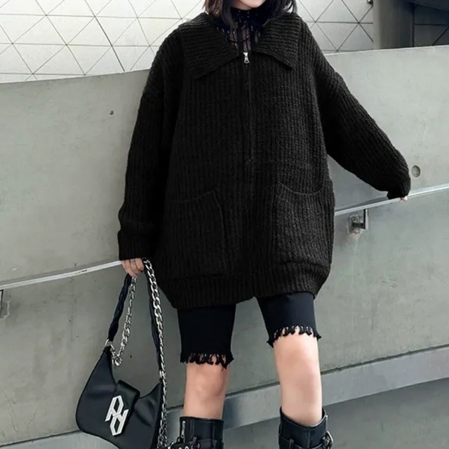 長袖 パッチポケット ジップアップ ニット ジャケット 2color JK0330