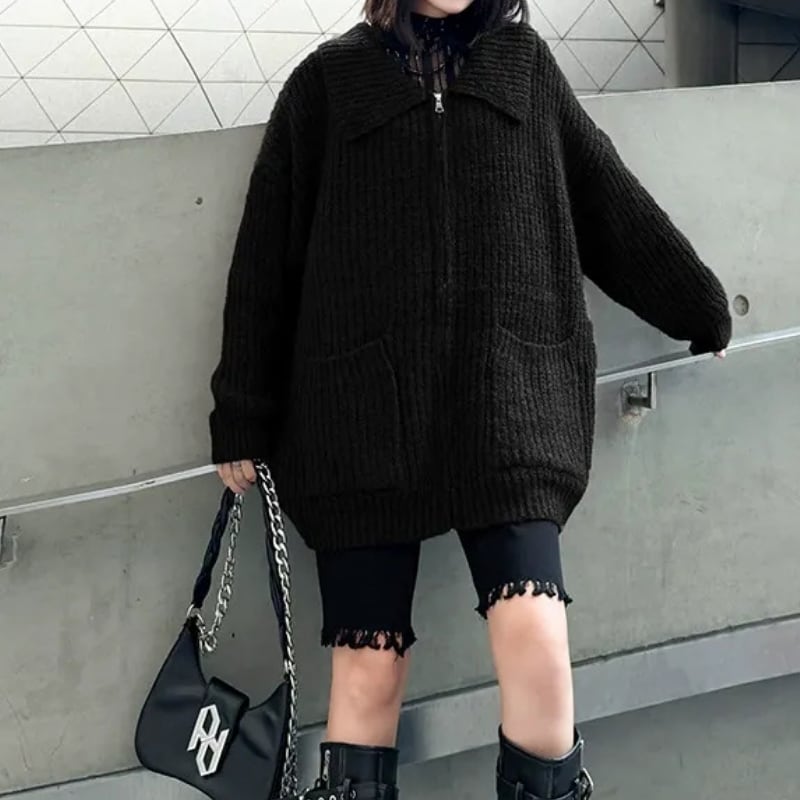 長袖 パッチポケット ジップアップ ニット ジャケット 2color JK0330