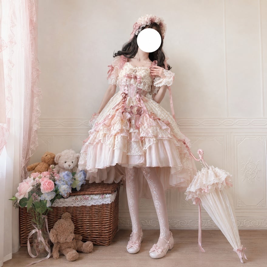 甘ロリ ドレスセット フィッシュテールフリル 薔薇リボン レース