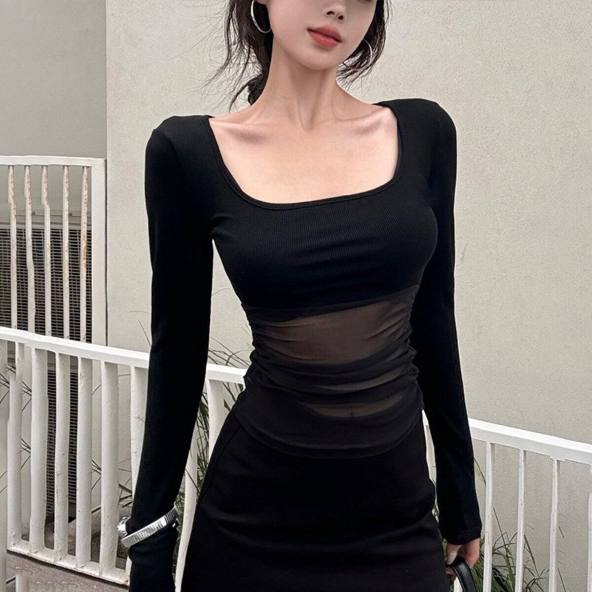 Tシャツ チュール切り替え 長袖 トップス レディース 春秋 韓国 透け感 きれいめ シアートップス おしゃれ 大人 カジュアル 重ね着 薄手 無地 大人可愛い 大人女子