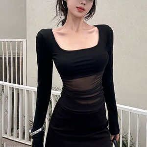 Tシャツ チュール切り替え 長袖 トップス レディース 春秋 韓国 透け感 きれいめ シアートップス おしゃれ 大人 カジュアル 重ね着 薄手 無地 大人可愛い 大人女子