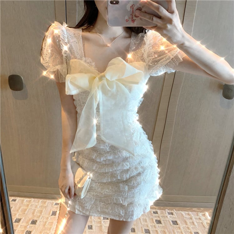 女性なら誰もが憧れる!夏 新作 フレンチ 蝶結び スパンコール フックフラワー 薄手 ワンピース