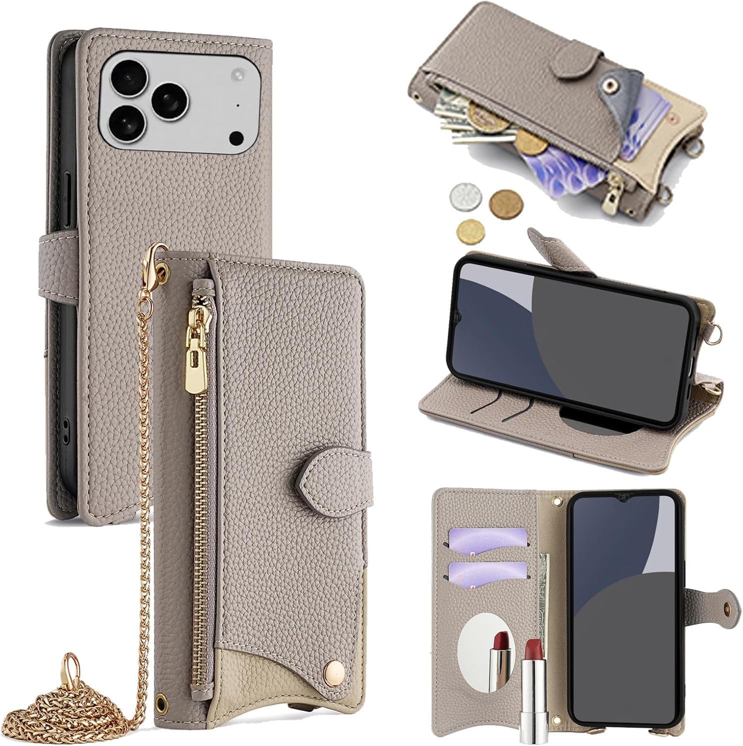 For iPhone 18 Pro Max/iPhone 17 Pro Max ケース 手帳型 ショルダー For iPhone 18プロ マックス カバー 財布型 肩掛け 横+縦 2掛け方 斜めがけ 化粧鏡付き おしゃれ ジッパー小銭入れ カード収納 横置き ロングストラップ 耐汚れ PUレザー 防指紋 高耐久性 女性用 贈り物 COCOCLOUD グレー