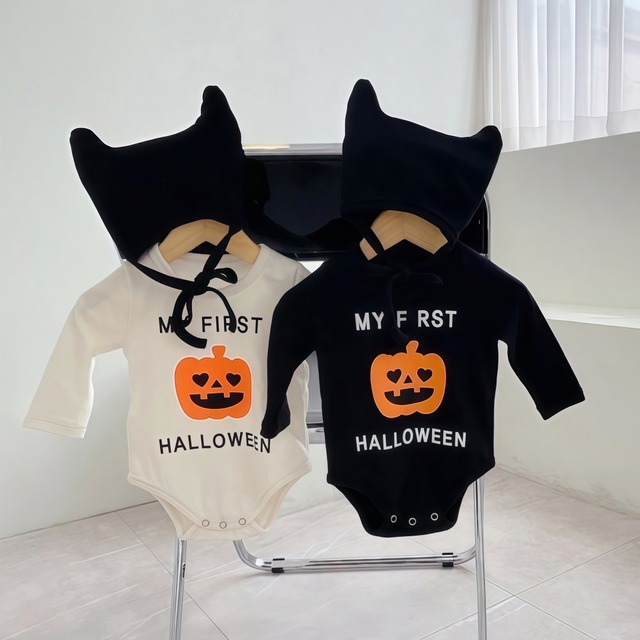 【66-90】ハロウィーンかぼちゃプリントロンパースセット ベビー