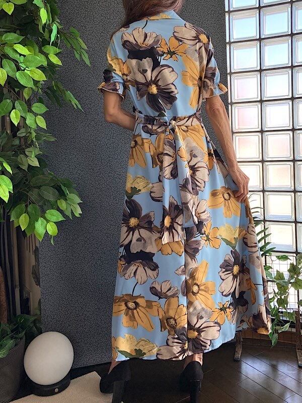 フラワープリント シャツワンピース インポート ロングワンピース 半袖