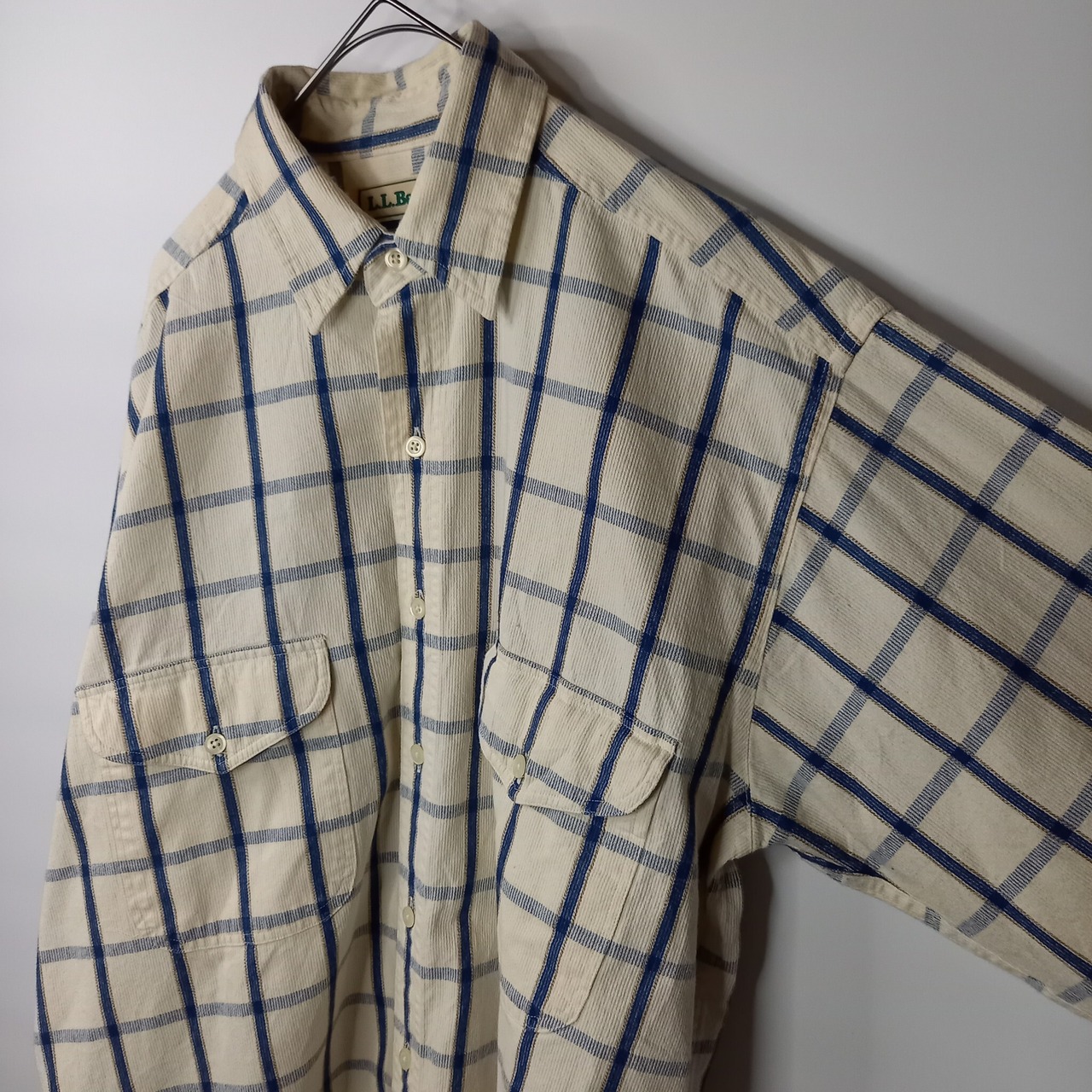 90s　エルエルビーン　コーデュロイシャツ　長袖　チェック　ポケット　白