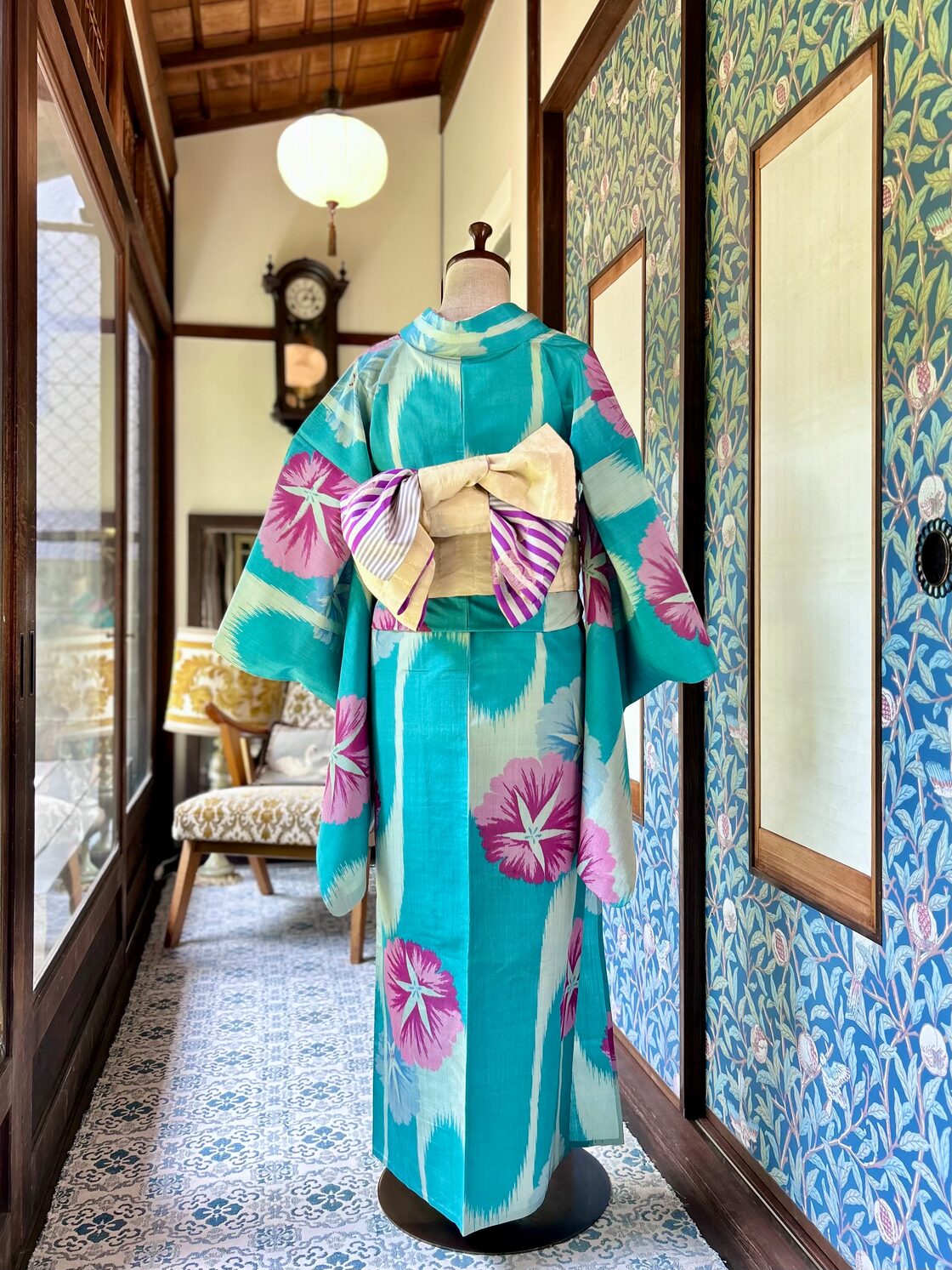 朝のかがやき＊単衣＊朝顔 水色 ターコイズブルー 壺たれ 花 