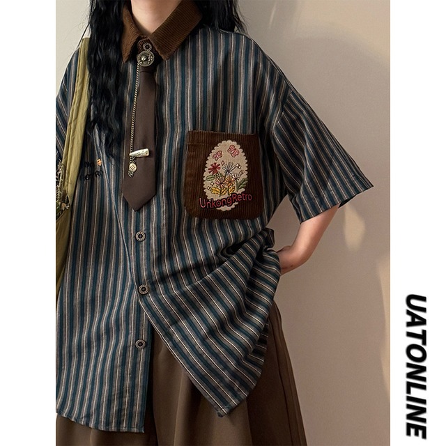 【UATONLINEシリーズ】★シャツ★ 2color ネクタイ付き トップス 半袖シャツ ユニセックス 縦縞 縞模様 花柄