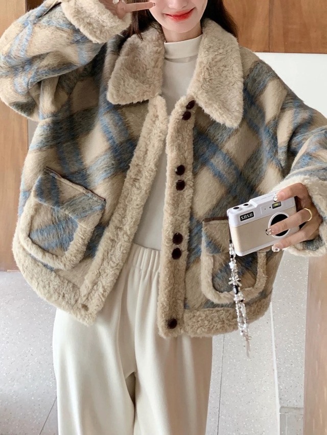 冬の可愛いが完成 チェック柄ボアジャケット 大人可愛い おしゃれ もこもこ ショート丈 トレンド ガーリー カジュアル 体型カバー 大きいサイズ 韓国 CH11382