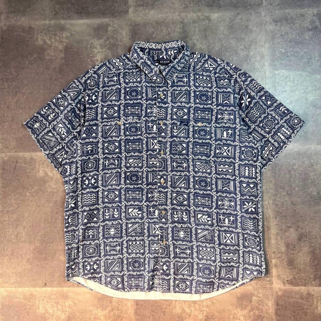 90s USA製 ゲス ラハイナ柄 アロハシャツ XL ネイビー GUESS バンダナ柄 ビッグシルエット ストリート B系 HIPHOP スケーター  古着 SK8 柄シャツ 総柄シャツ