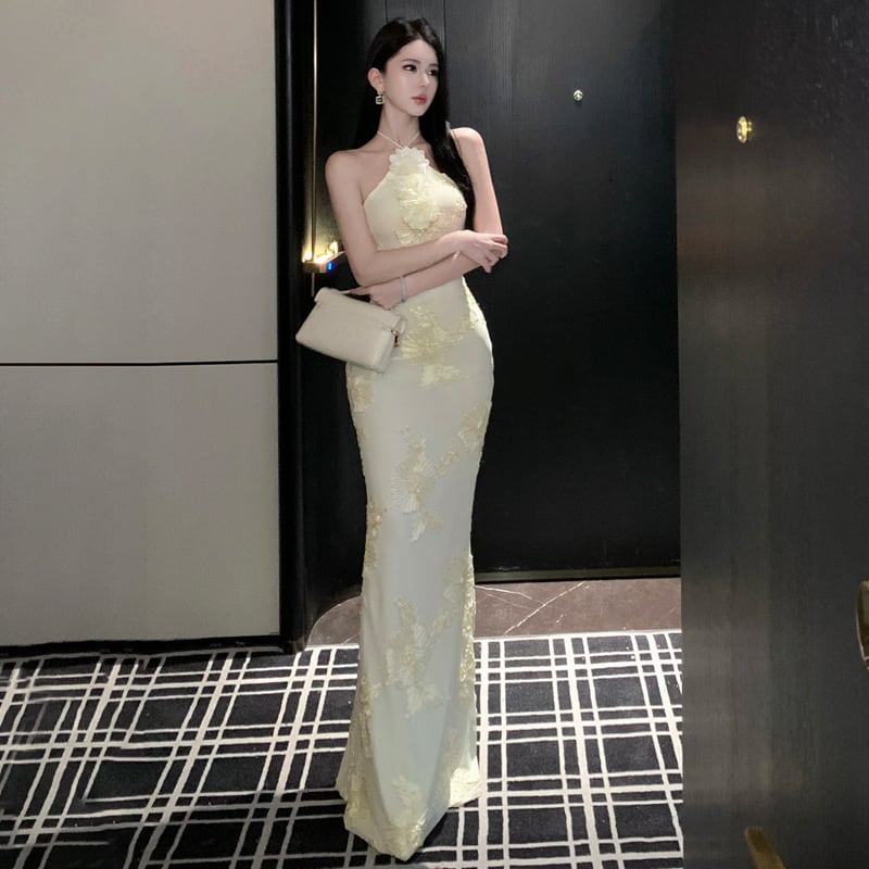 ロングドレス キャバドレス セクシー ホルターネック オープンバック