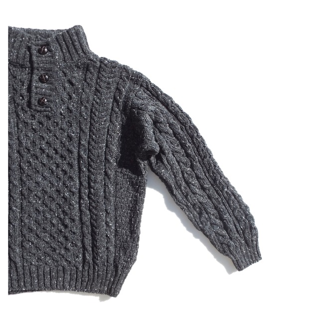 L.L.Bean】Cable Irish Fisherman's Sweater Button-Mock (Charcoal Gray  Donegal)