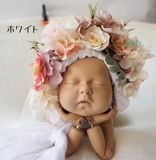 ニューボーンフォト newborn photo にも♡ フラワーボンネット ヘッドドレス 帽子 ボンネット 花 ベビー 赤ちゃん 手作り ハンドメイド 衣装 記念撮影 写真映え フォトプロップス 結婚式 ウェディング 花かんむり 花冠 ナチュラル ヴィンテージ