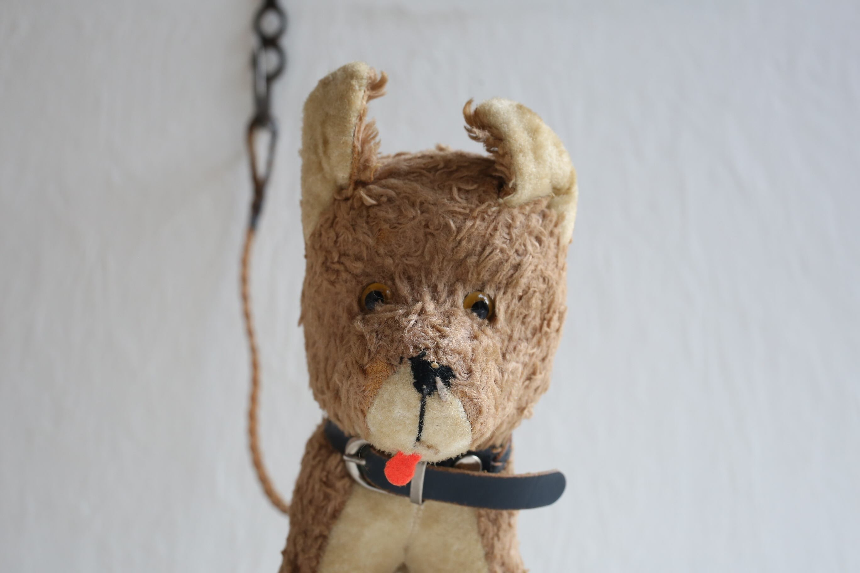 フランス アンティーク ヴィンテージ 犬のぬいぐるみ 19㎝ 革リード