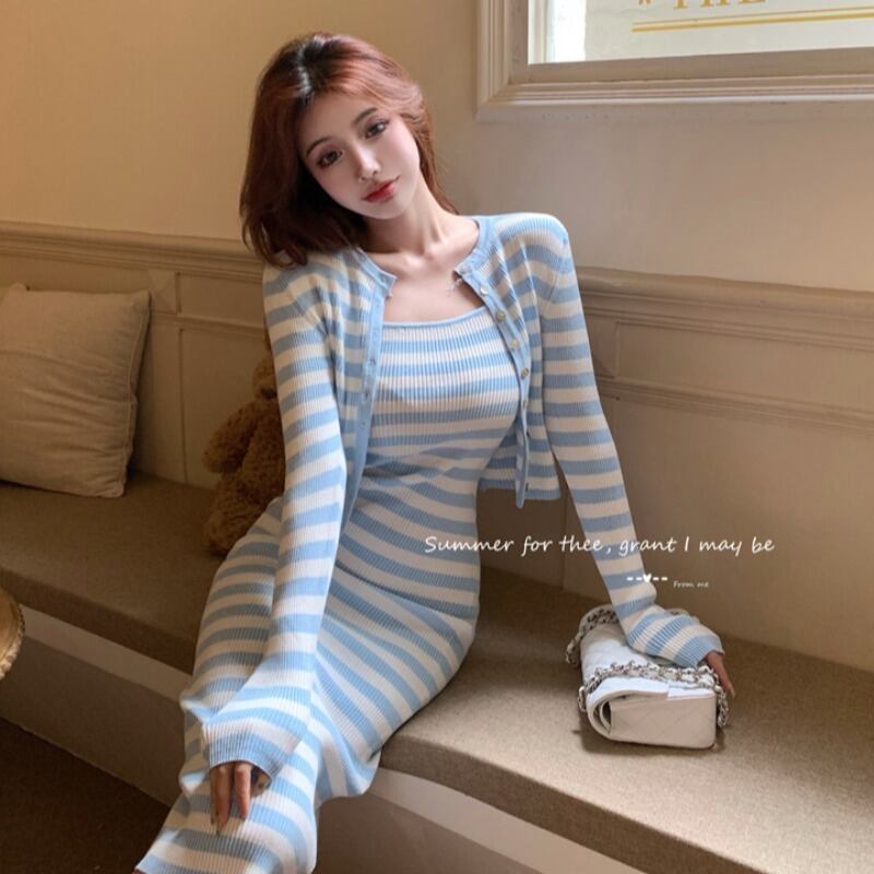 ウェストロングスカート ニットカーディガンオータム 秋物 YY-ファッション7578126163