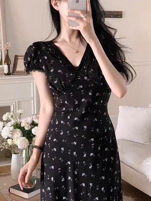 Vネックフレンチフラワーワンピース.3234