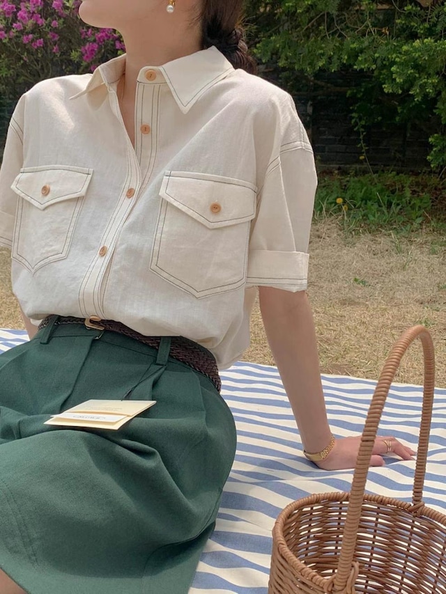 <2カラー>シャツ ステッチ ポケット ビッグシルエット 半袖 カジュアル シンプル リラクシー