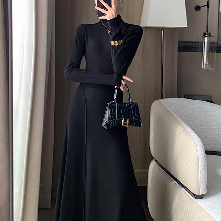 ハーフハイネック ウエストシェイプ細見えワンピース YH9649