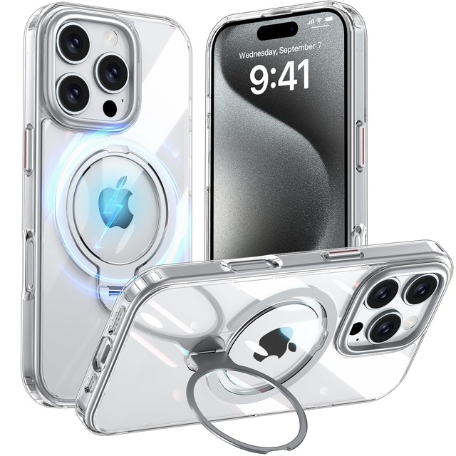 Fadkzyxr iPhone 16 Pro 用 ケース MagSafe対応 リング360°回転スタンド 縦横両対応 透明 耐衝撃【クリア】
