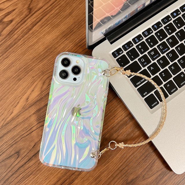 可愛い持ち手付き◎オーロラドレープ くしゅくしゅ クリアケース ハンドバッグ風ロープ おしゃれ 透明 スマホケース ND-15466