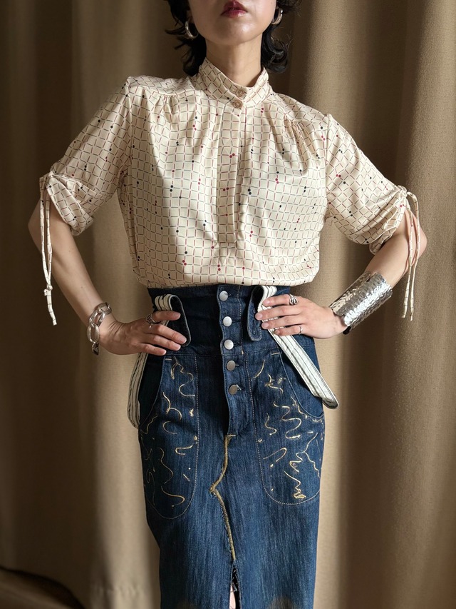 geometric pattern stretch stand collar shirt-5282-7