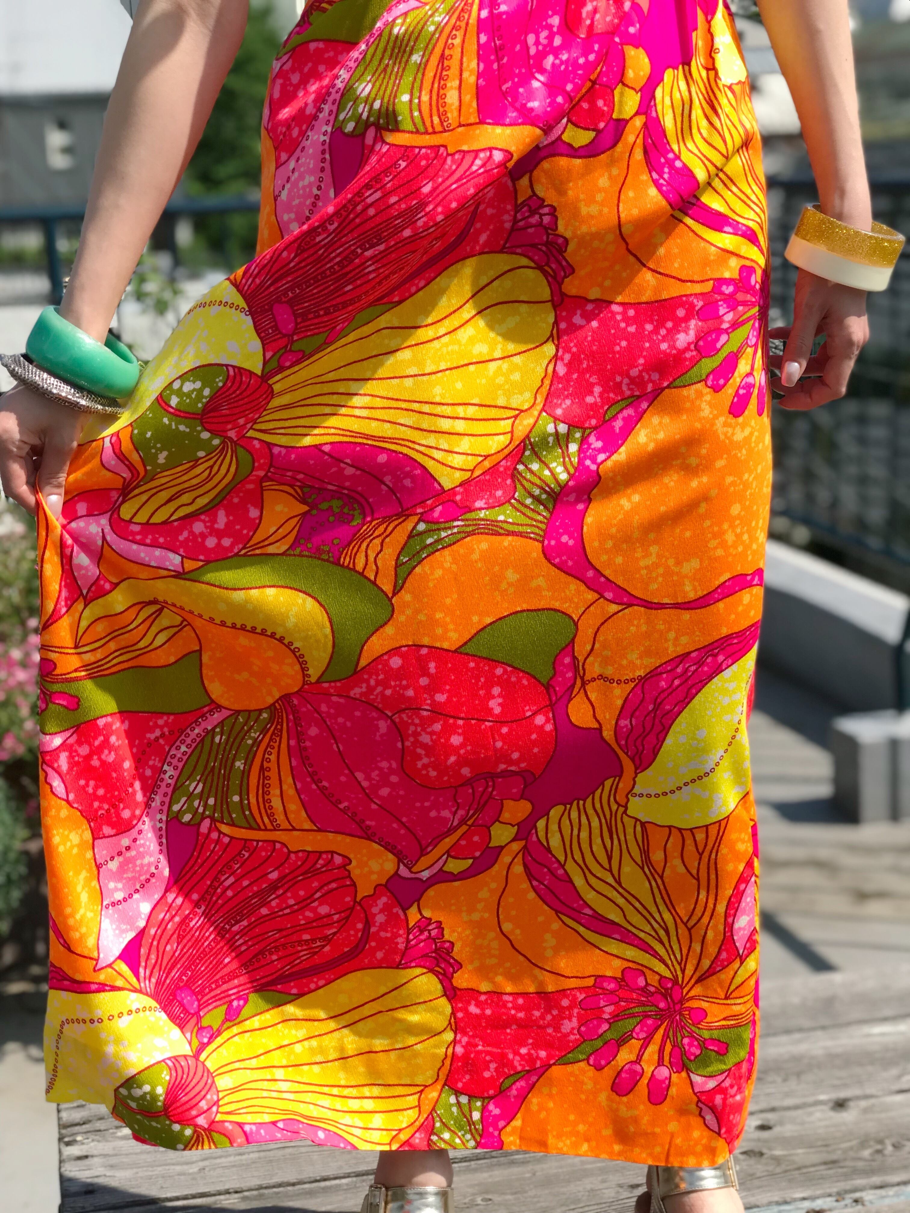 70s Hawaiian Psychedelic Floral Sleeveless Dress ヴィンテージ ハワイアン サイケデリック 花柄 ノースリーブ ワンピース Riyad Vintage Shop