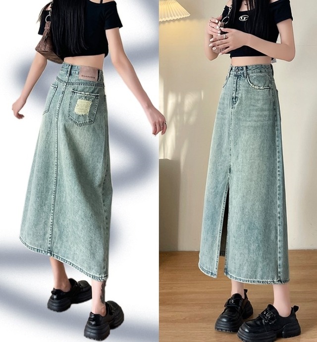 スカート タイトスカート デニムスカート デニムワンピース ロング丈 Aライン スリット ファスナー ポケット ハイウエスト シンプル カジュアル おしゃれ レトロ 春 夏 秋 レディース  お出かけ 休日 旅行 普段使い 体系カバー 定番 送料無料 S M L XL 2XL