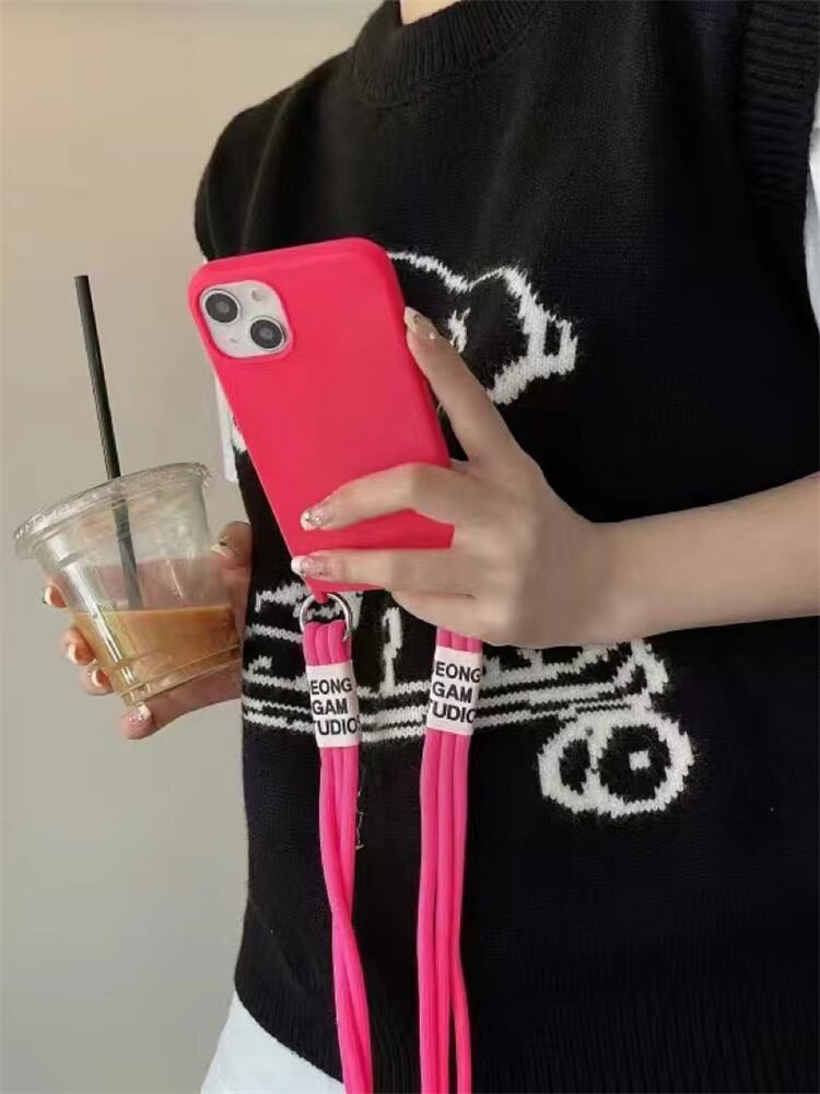 iPhone14 Pro Max/13/12ケース ネオンピンク 無地 ストラップ