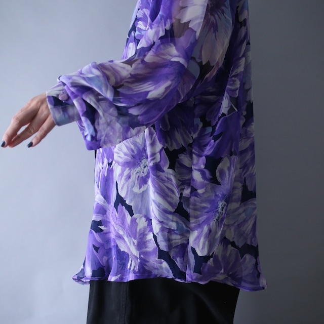 violet beautiful flower art pattern over silhouette see-through shirt