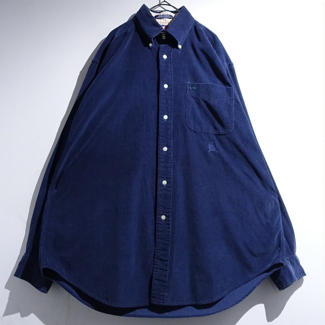 90s “TOMMY HILFIGER” Navy Logo Design Corduroy BD Shirt