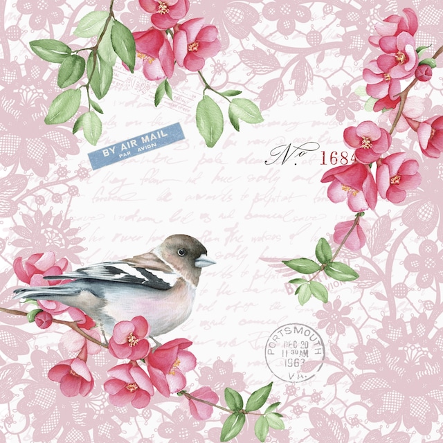 【Paper+Design】バラ売り2枚 ランチサイズ ペーパーナプキン Sweet bird ローズ