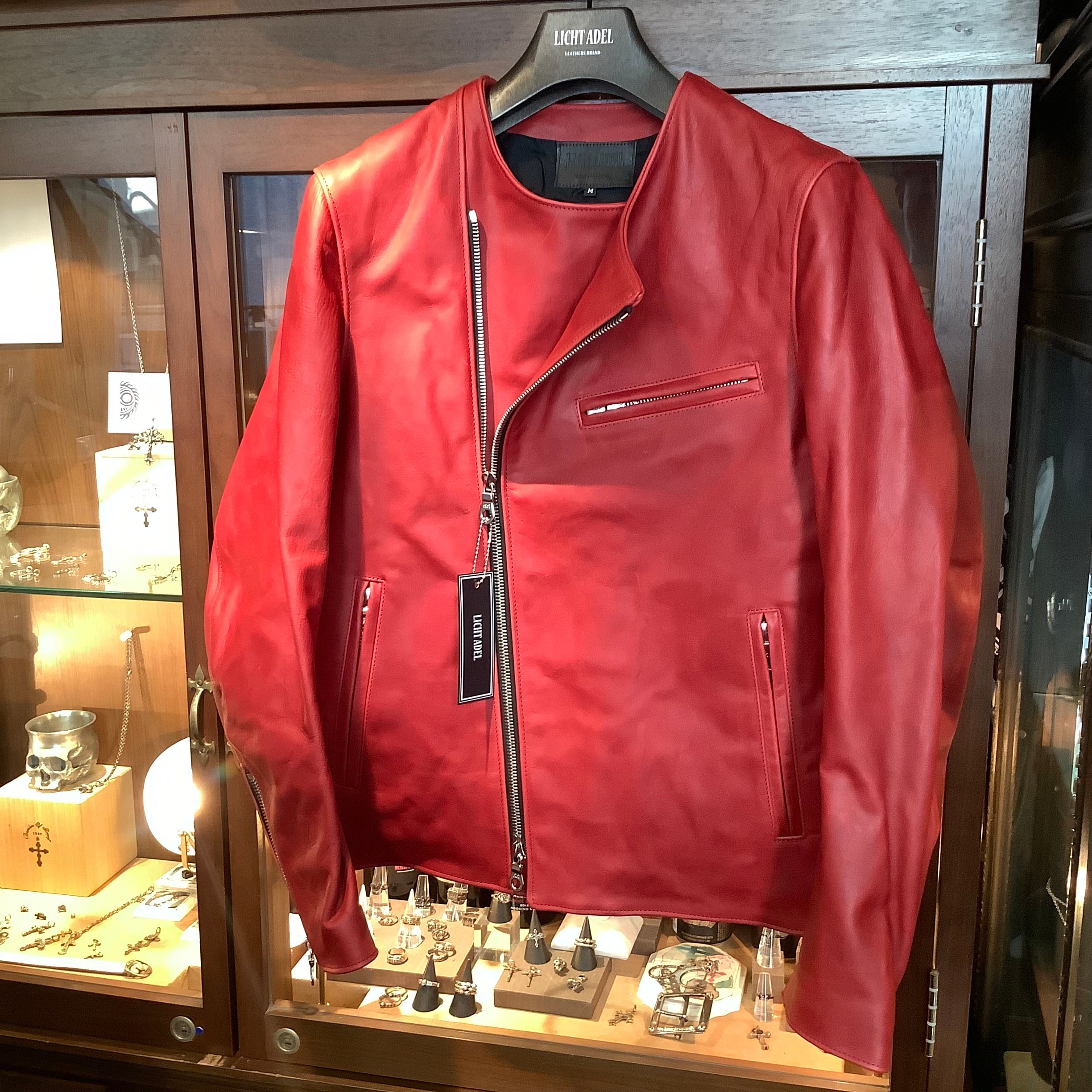 ALA Semi-Double Riders Jacket RED USED加工 Licht Adel LW-JKT02 Collarless Double Jacket Red leather riders