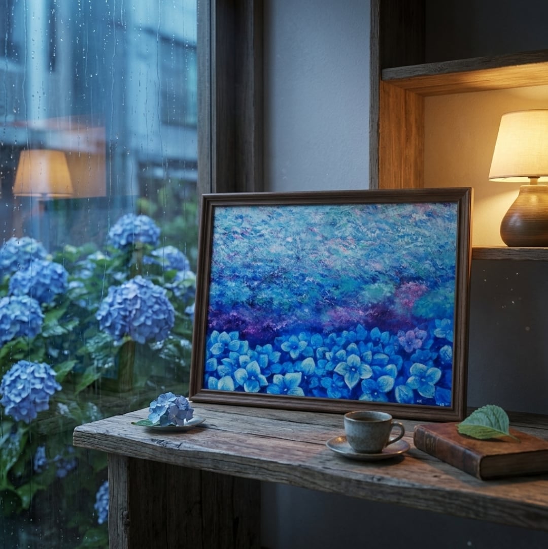 油絵・原画】雨上がりの奇跡 〜光満ちる紫陽花畑〜（F4号） ｜ 紫陽花
