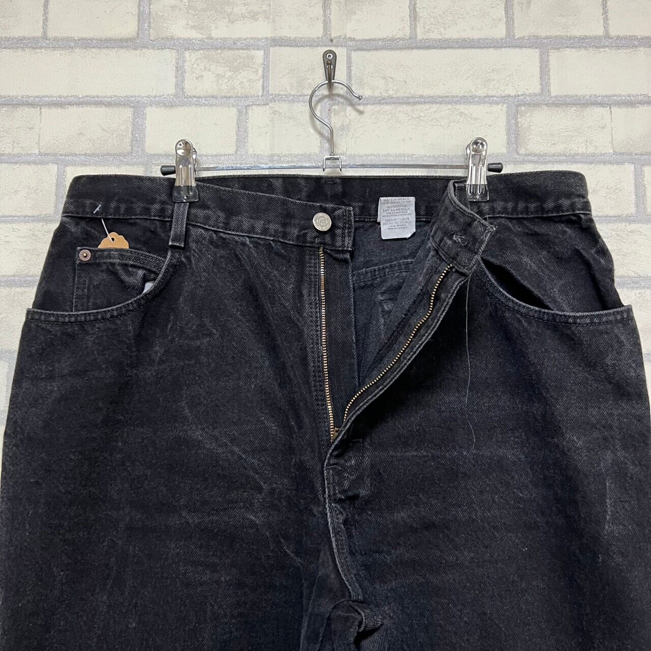 W36×L32】GITANO ブラックデニムパンツ 革パッチ | 古着屋OLDGREEN