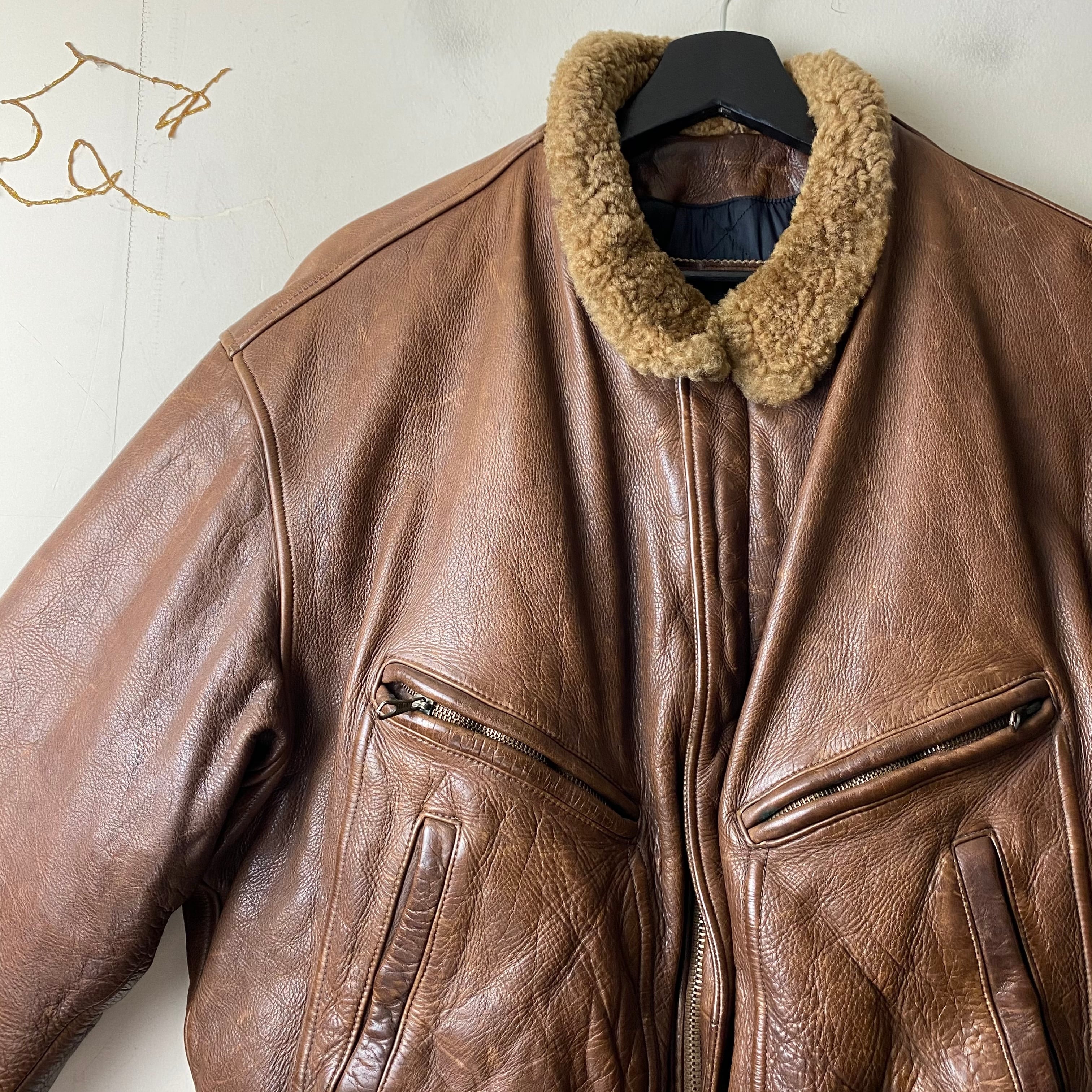 vintage EMPORIO ARMANI brown leather riders jacket with boa collar 