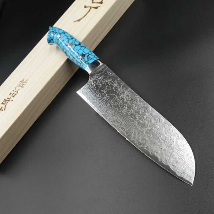 佐治作 包丁 三徳 R2 粉末ハイス鋼 ダマスカス 185mm 青 ターコイズ