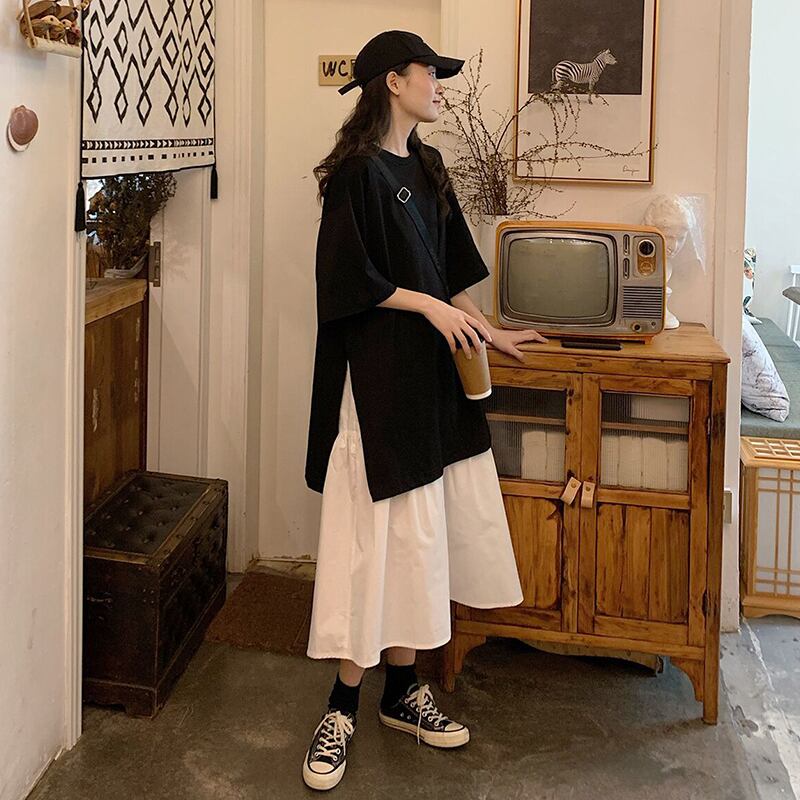 スプリングソリッド カラートップス ルーズスリットロングTシャツ 春物 ソリッドカラー 萌量不足3525395538