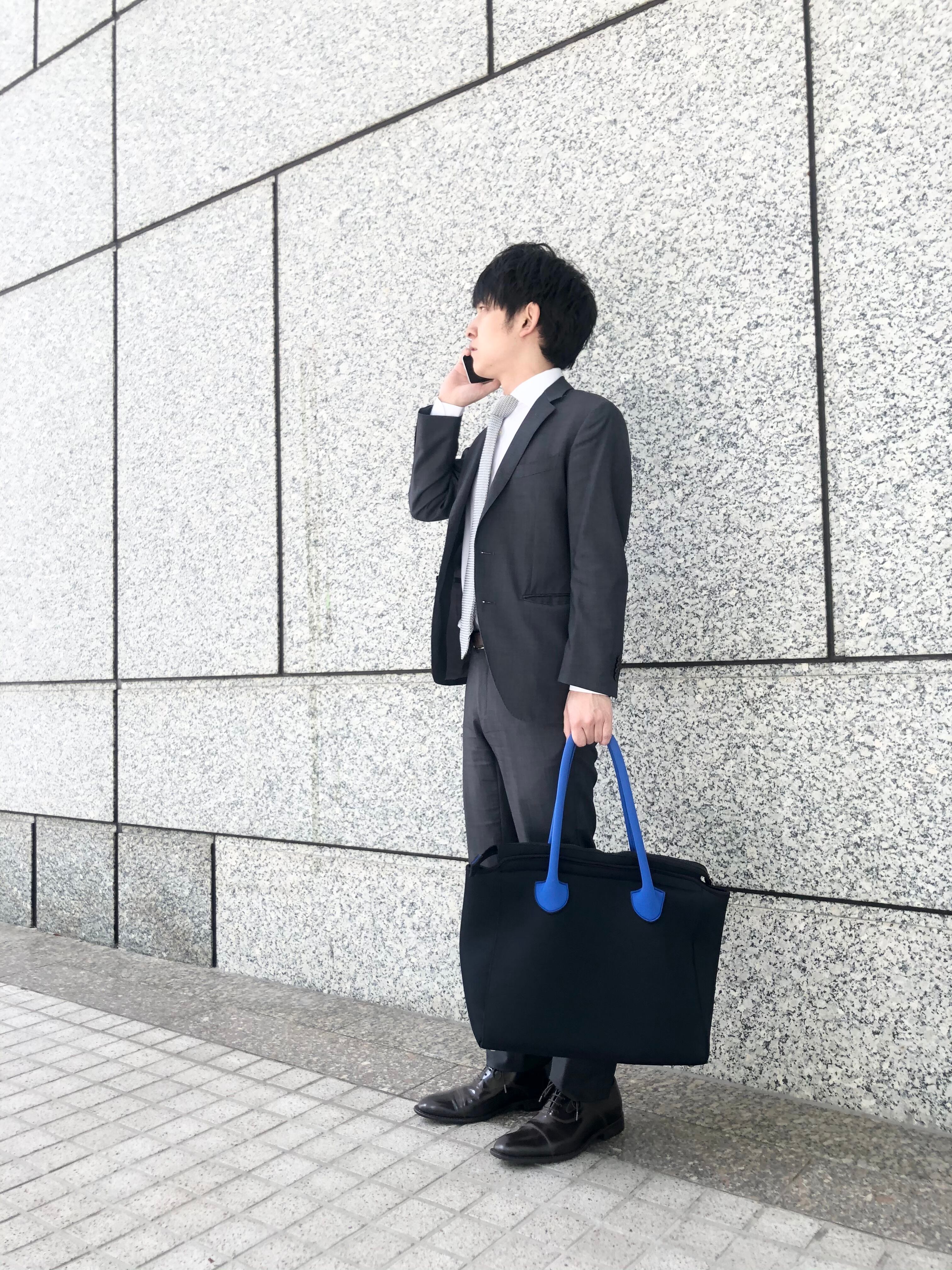 持ち手-黒・内側-青】トートバッグ|軽い|洗える|ビジネスバッグ|マザー