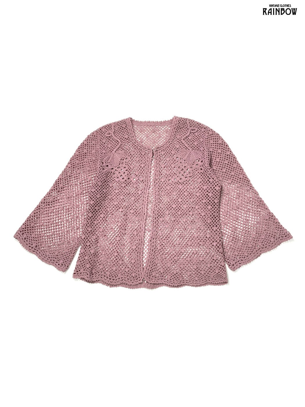 ヴィンテージ レトロ古着 花柄刺繍モヘアニットカーディガン ピンク×ブラウン ニット カーディガン レディース 毛100% 長袖 花モチーフ 白 M L