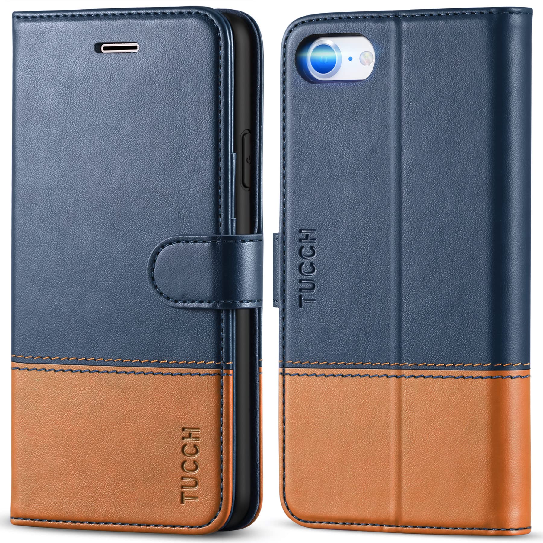 TUCCH iPhoneSE 第2/3世代 対応 ケース 手帳型 iPhone se2/se3/7/8用手帳型ケース 4.7インチ ブルー&ブラウン