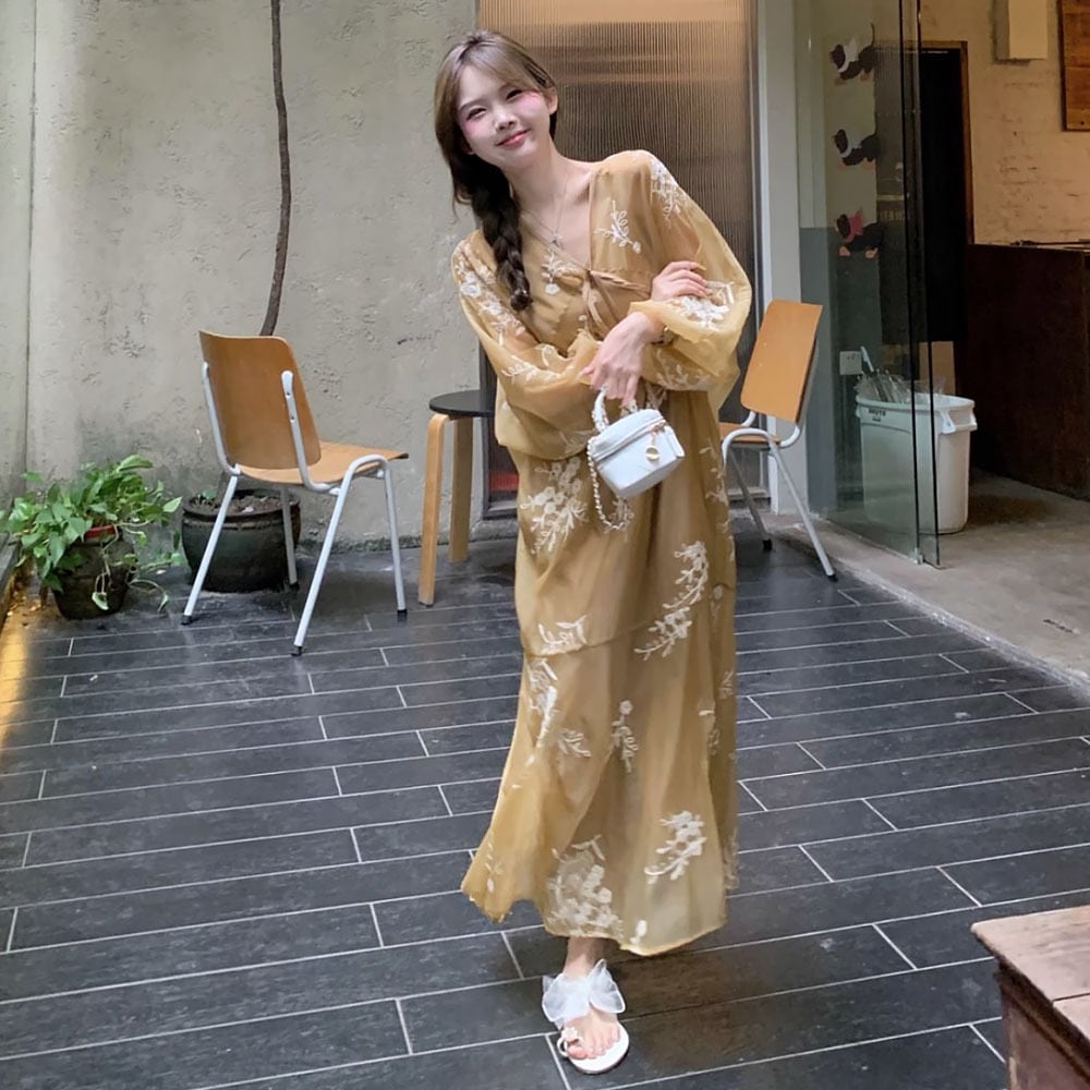 ワンピース レディース 2点セット キャミワンピ付き シアーワンピ 花柄