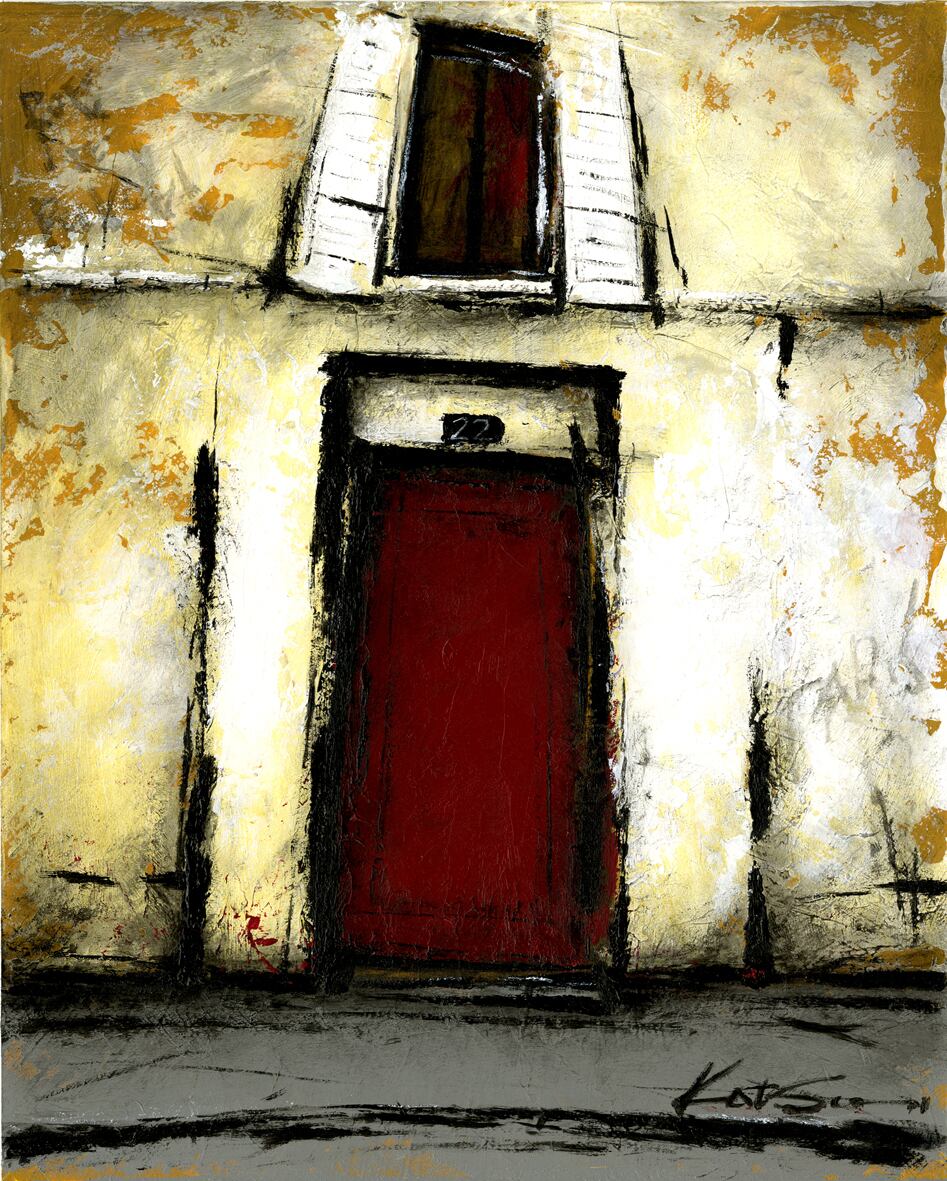 風景画 パリ 油絵「裏通りの赤い扉のある風景」 | KatsuArtGallery