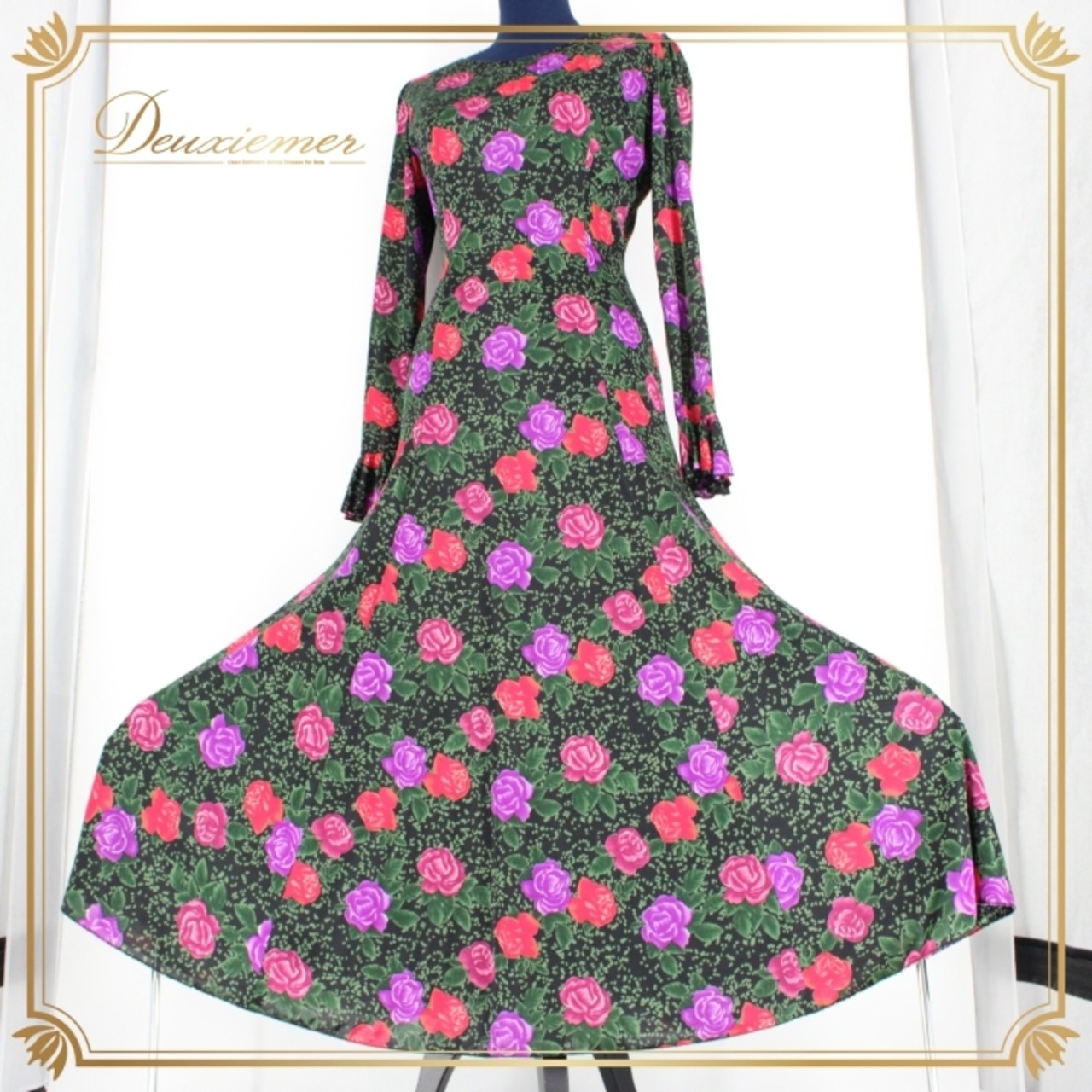社交ダンス 衣装 スタンダード ドレス ワンピース レッスンウェア パーティ衣装 女性用 オールシーズン 花柄 黒 赤 紫 緑 ブラック系 レッド系 パープル系 華やかデザイン 伸縮性 おしゃれ ダンスパーティ 講師衣装 フェスティバル ブラックベース floral ヴィンテージ シック フレア シルエット 着やすい トレンド