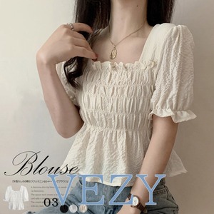 スクエアネック ブラウス シャーリング 大人可愛い シャツブラウス パフスリーブ袖 フェミニン フリルブラウス きれいめ トップス シャツ ブラウス ベジー VEZY ItemNo.【17390455 】