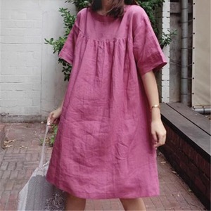 レディース ワンピース 膝上 半袖 ラウンドネック Aライン 切り替え オーバーサイズ  フェミニン ギャザー かわいい 大人可愛い きれいめ シンプル カジュアル 上品 おしゃれ こなれ感 ラフ ガーリー 抜け感 ベーシック 無地 春 夏 10代 20代 学生 学校 通学 デート お出かけ お泊まり 女子会 休日 高原 ガーデン ショッピング カフェ 普段使い 着回し 定番 S M L XL ゆったり ローズレッド