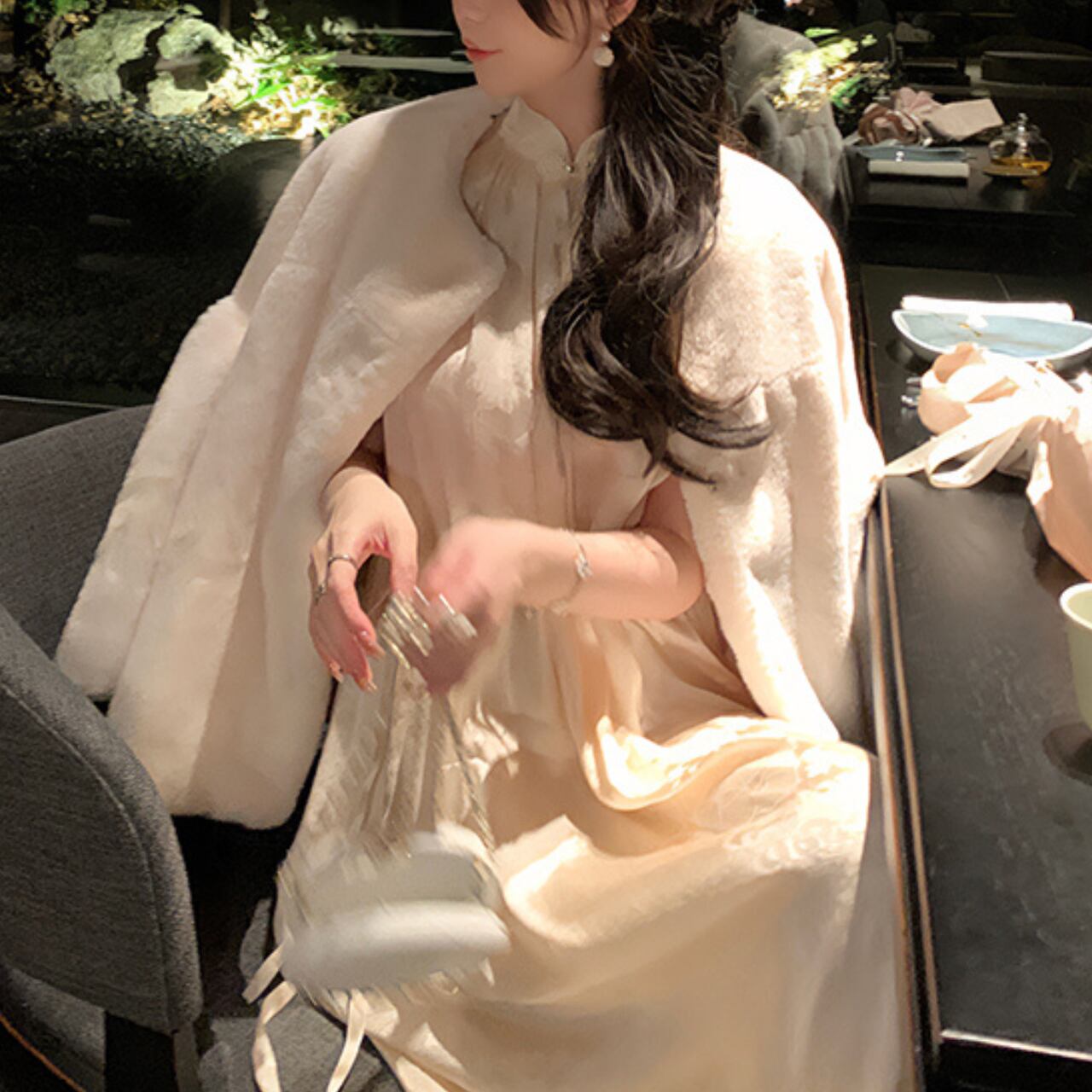 ノーカラー フェイクファー コート