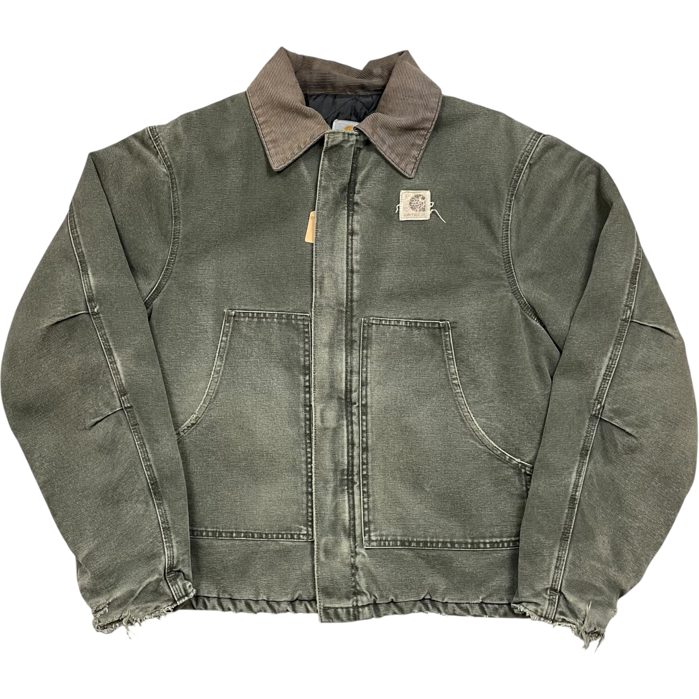 《L》Carhartt カーハート トラディショナルコート ダックジャケット モスグリーン 希少モデル 短丈 ワンポイントロゴ フェード ダメージ ハチノス 襟コーデュロイ USA製 no.9793