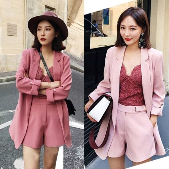 ピンクのワントーンコーデができちゃう お洒落３点アンサンブル アンサンブル ジャケット ロング丈 ショートパンツ 無地 ゆったり 大人可愛い カジュアル こなれ感 春夏 お呼ばれ デート Su Ayumina