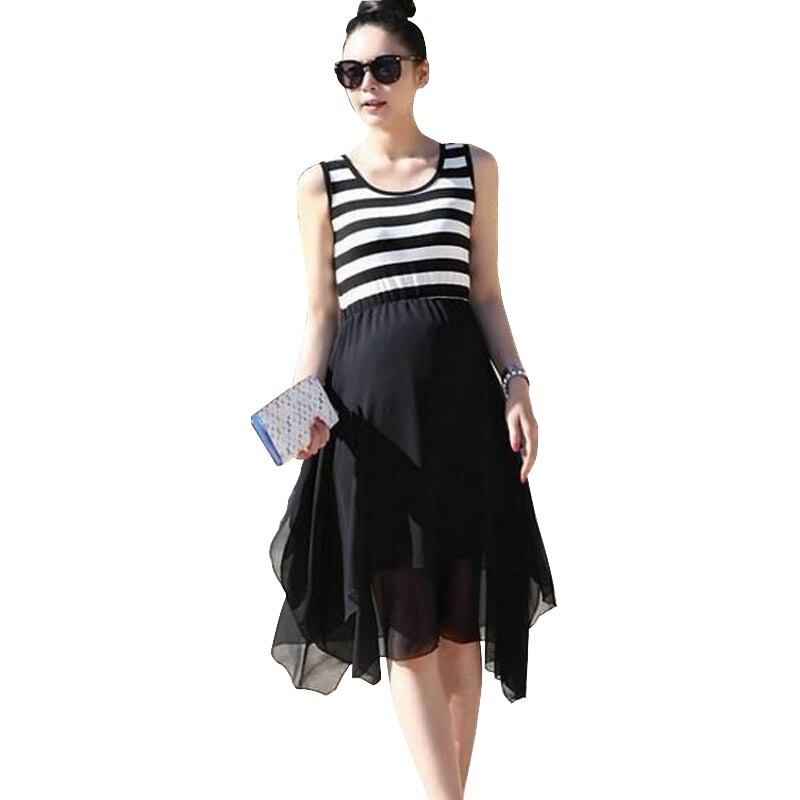 【新作】【送料無料】 ストライプシフォンマタニティドレス妊婦妊婦ドレスノースリーブサマードレスストライプドレスチュニック 夏物 expec59959702755