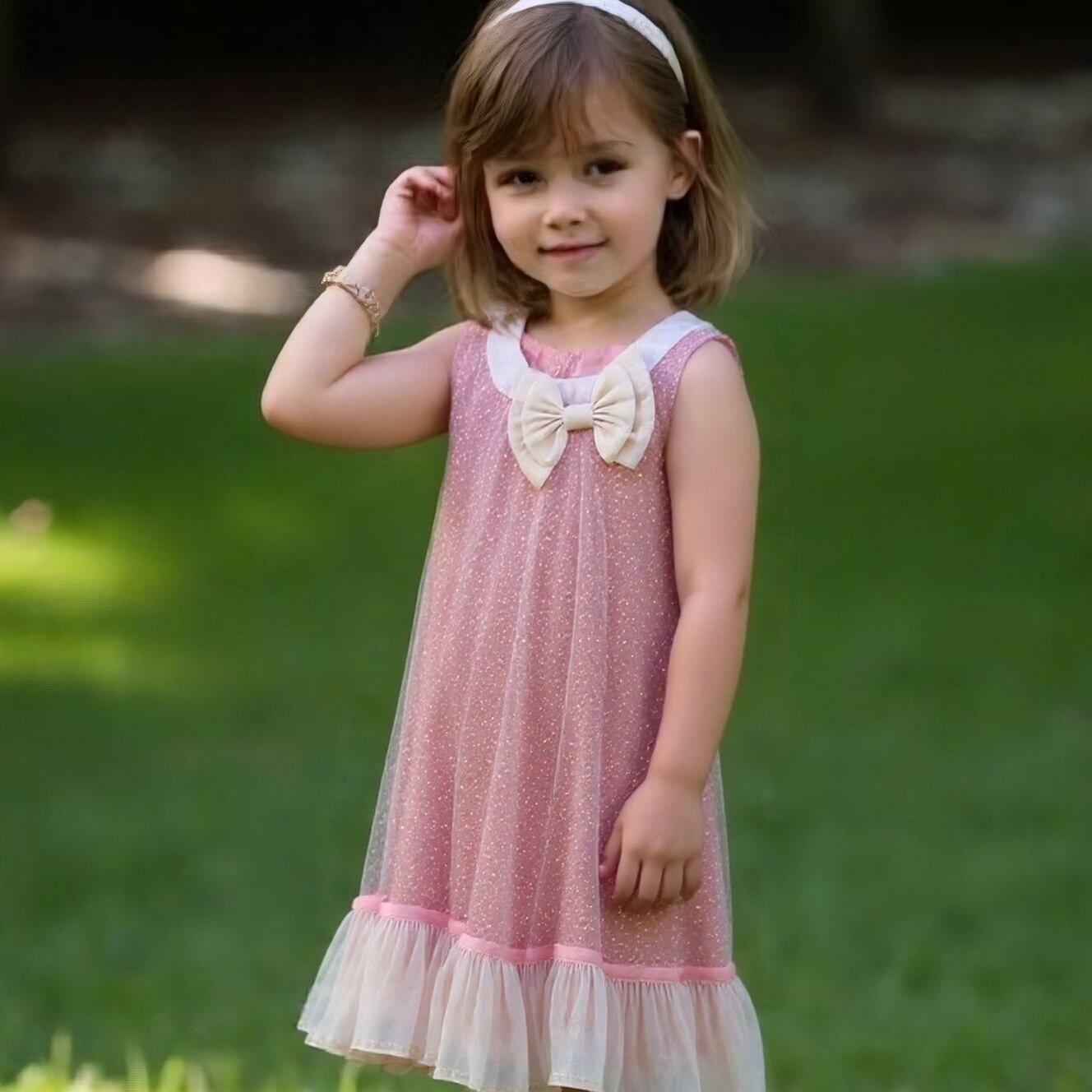 Apolina ピンクのフリルノースリーブワンピース 5-7Y キッズ女の子リボン襟ノースリーブワンピース Aライン フリル裾 ピンク